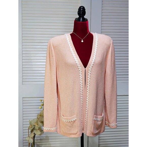 St. John Collection Women's Peach & Cream Textured Cardigan Sweater Sz 14 2459 - Picture 1 of 13